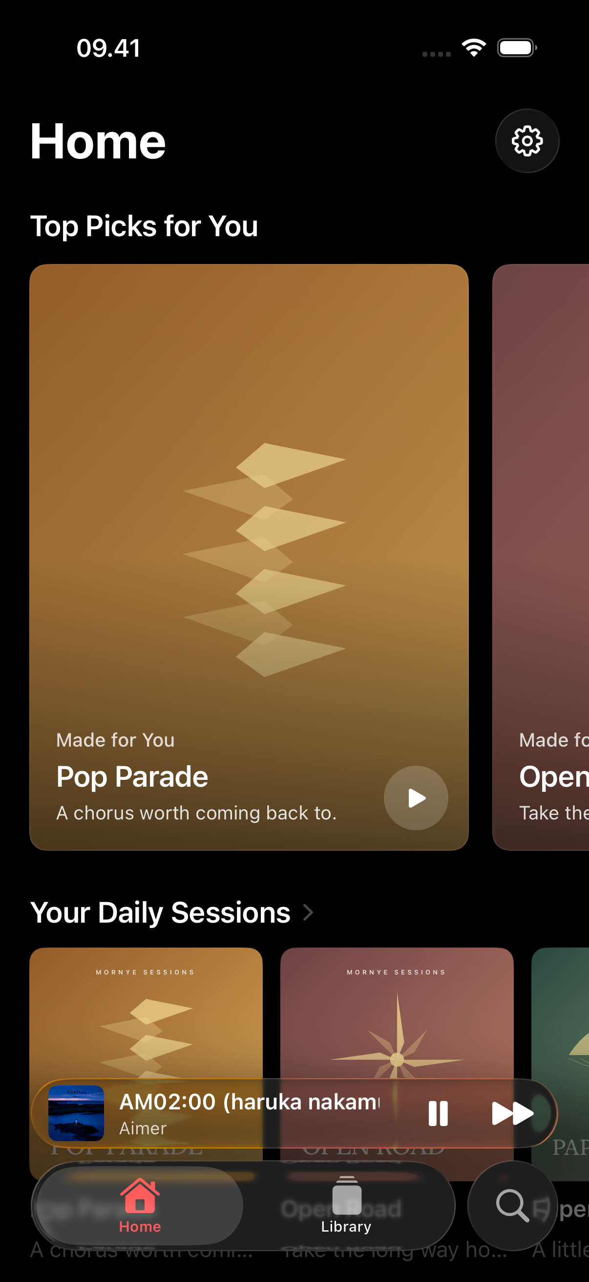 Mornye on iPhone, showing Home, Daily Sessions and a song by Aimer in the mini-player.