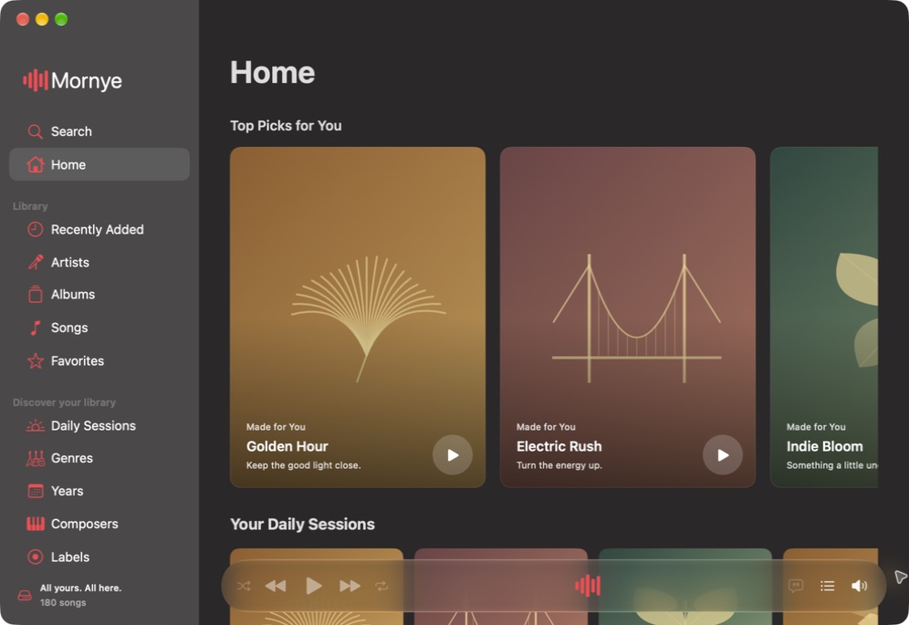 Mornye on Mac, showing Home, Top Picks for You, Daily Sessions and an empty player.